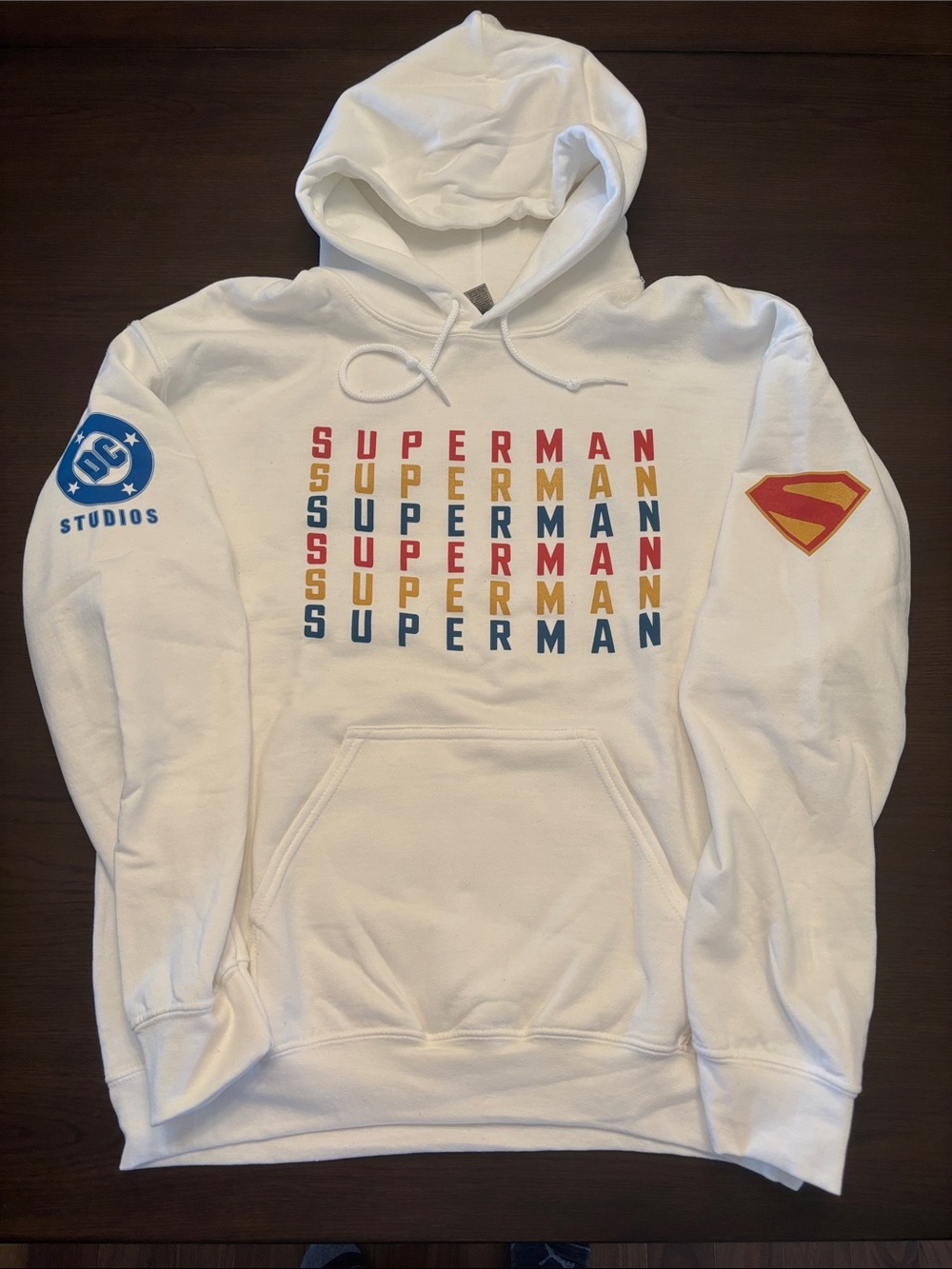 Gildan White Superman Graphic Hoodie with Red Blue Yellow Accents